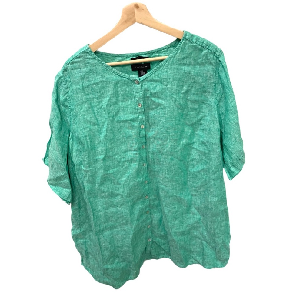 Tahari green 100% linen button down shirt top 3X